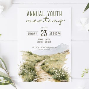 May include: A white invitation card with the text "ANNUAL YOUTH meeting" in green and black. The card includes the date, time, and location. A watercolor illustration of a path through a field is at the bottom. Green leaves and white flowers surround the card.