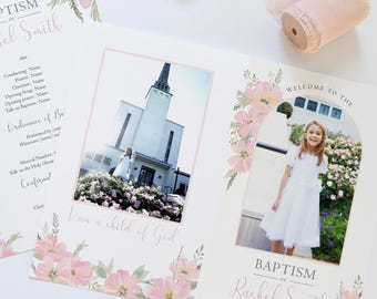 LDS Baptism Program Template, Pink Floral Girl Design (Corjl)