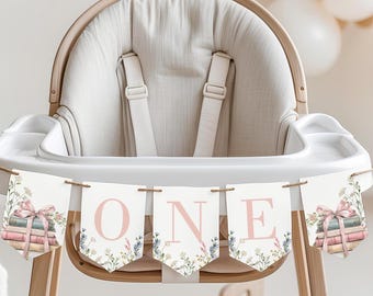 One for the Books Banner, First Birthday High Chair Bunting, 1st Party Decor, Editable banner, Corjl