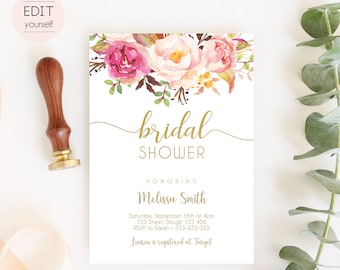 Bridal Shower Invitation Editable PDF, Bridal Shower Printable, Romantic Blush Pink Floral Bloom, DIY Bridal Invitation Pink Gold