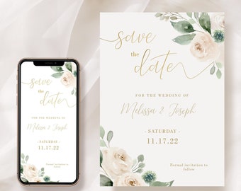 Save The Date Template, Greenery White Gold Save the Date Digital Download, Smartphone, Greenery Save the Date Digital Template, Corjl