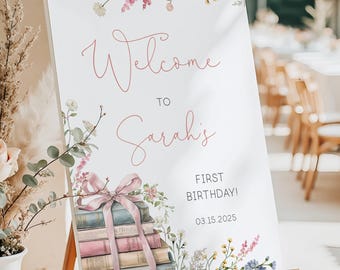 One for the Books Welcome sign, First Birthday Editable Birthday Welcome Sign Template, 1st Birthday Party Floral Book Sign, Corjl, BL25