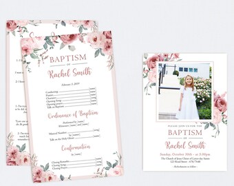LDS Editable Baptism Program Invitation, Editable Dusty Rose flowers Program and Invitation, Girl Baptism, Baptism Program Template, Corjl