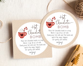 Etiqueta de bomba de chocolate caliente, etiqueta de bomba de chocolate caliente editable, etiqueta de bomba de cacao caliente imprimible, regalo de Navidad, favor de fiesta, Corjl, HC11
