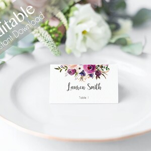 Editable Place Card, Place Card Template, Seating Cards, Table Numbers, purple lavender flowers Editable PDF Instant Download