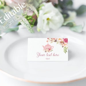 Cartões de barraca EDITÁVEIS, cartões planos de barraca, chá de noiva, flor romântica imprimível blush rosa flor dourada, cartão de lugar editável chá de panela