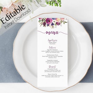 Editable Menu Bridal Shower, Party Menu Printable Purple Lavender Floral Event Menu purple Floral Menu Card Wedding Reception, Editable Menu