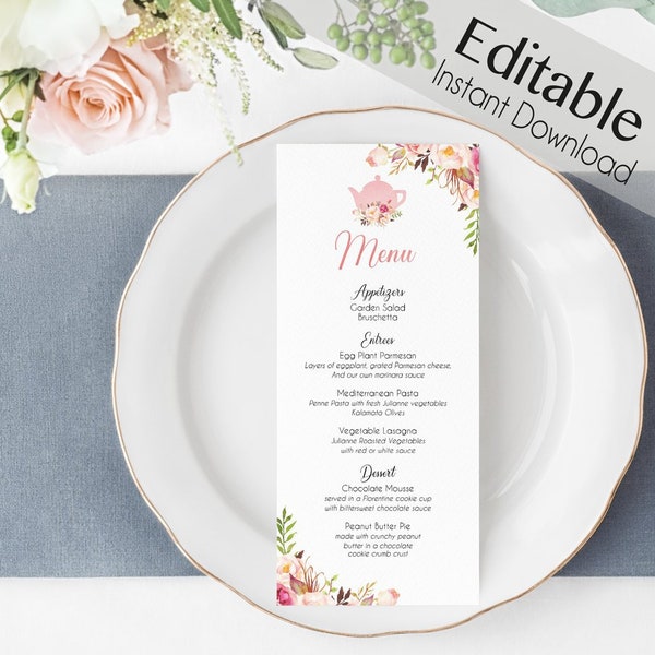 Editable Menu Bridal Tea, Editable Party Menu, Printable Menu, Romantic Blooms Rose Floral, Tea pot, Event Menu, Editable Floral Menu Card