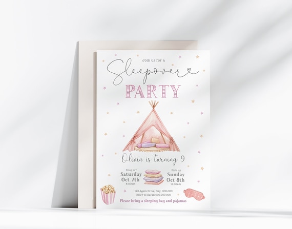 Editable Sleepover Party Birthday Invitation, Slumber Party Invite Girl, Pajama Party, Tent Digital Download Printable Template Corjl, PS66