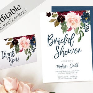 Invitation de douche nuptiale, PDF modifiable, douche nuptiale bleu marine Marsala Bourgogne Blush Floral Merci carte bricolage modèle d'invitation de mariée