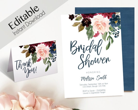 Bridal Shower Invitation, Editable PDF, Bridal Shower Blue Navy Marsala Burgundy Blush Floral Thank you Card  DIY Bridal Invitation Template