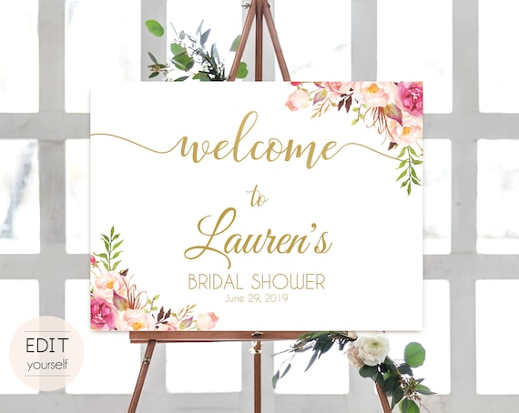 Welcome Sign Bridal Shower Template, Editable PDF ANY EVENT Bridal Baby Wedding Baptism Birthday Shower Sign Romantic Blush Pink Gold Floral