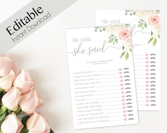 He Said She Said Bridal Shower Game  Romantic White Blush Pink Floral, Editable Games Bridal shower printable game bridal shower