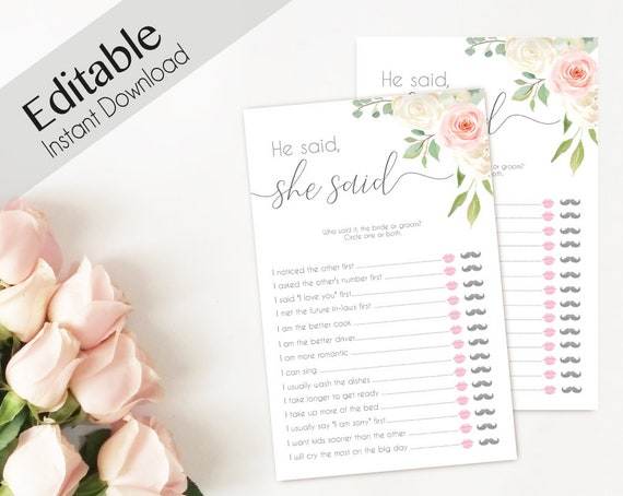 He Said She Said Bridal Shower Game  Romantic White Blush Pink Floral, Editable Games Bridal shower printable game bridal shower