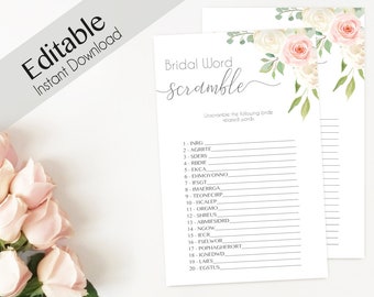 May include: Printable bridal shower game with a floral design. The game is called "Bridal Word Scramble" and asks players to unscramble 20 bride-related words.