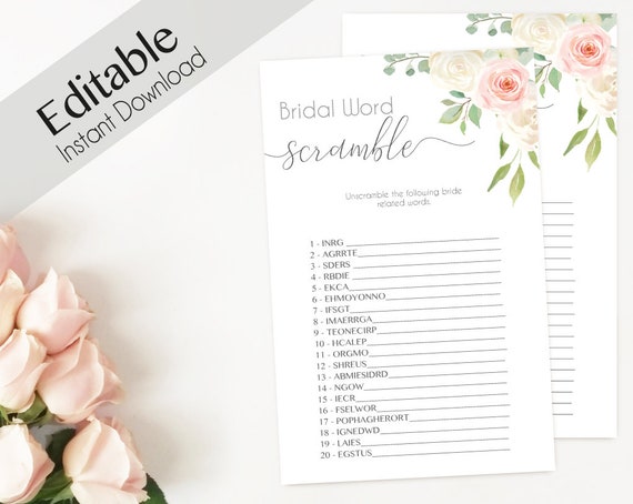 Bridal Shower Game Bridal Word Scramble Editable PDF Bridal Shower Romantic Blush Pink white Flowers Editable Game, Editable Scramble Game