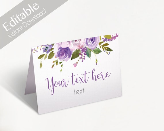 Editable Tent Card, Food Card Template, Printable Place Card, Double Side, Table Numbers, Lilac flowers, Editable PDF, Instant Download