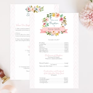 Baptism Program, Editable PDF, Printable Digital Handout Girl Baptism, flowers watercolor, Girl Baptism, Baptism Template, LDS Baptism