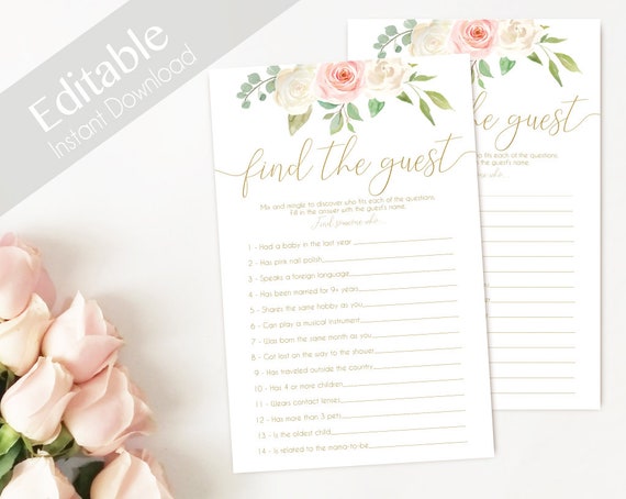 Bridal Shower game, Baby Shower Game, Find the Guest Editable PDF Bridal Shower Romantic Blush Pink White Flowers Gold, Editable Game