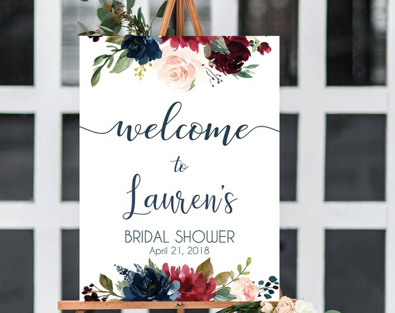 Welcome Sign Bridal Shower, Template Bridal Shower, Editable PDF, Welcome Sign Blue Navy Marsala Burgundy Blush, Editable sign, any event