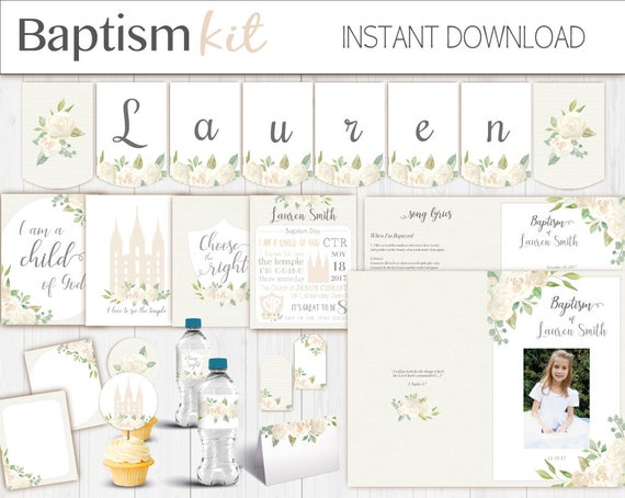 Baptism Girl Kit, Editable LDS Baptism Program, Cupcake Toppers, Water Bottle Wraps, Note Card, Poster Baptism, banner, white flowers