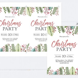 K&ouml;nnte beinhalten: Drei Weihnachtsfeier-Einladungen mit einem festlichen gr&uuml;nen und roten floralen Rand. Die Einladungen zeigen den Text "Christmas Party" in roten und schwarzen Buchstaben. Der Text enth&auml;lt das Datum, die Uhrzeit und die Kontaktinformationen f&uuml;r die Party.