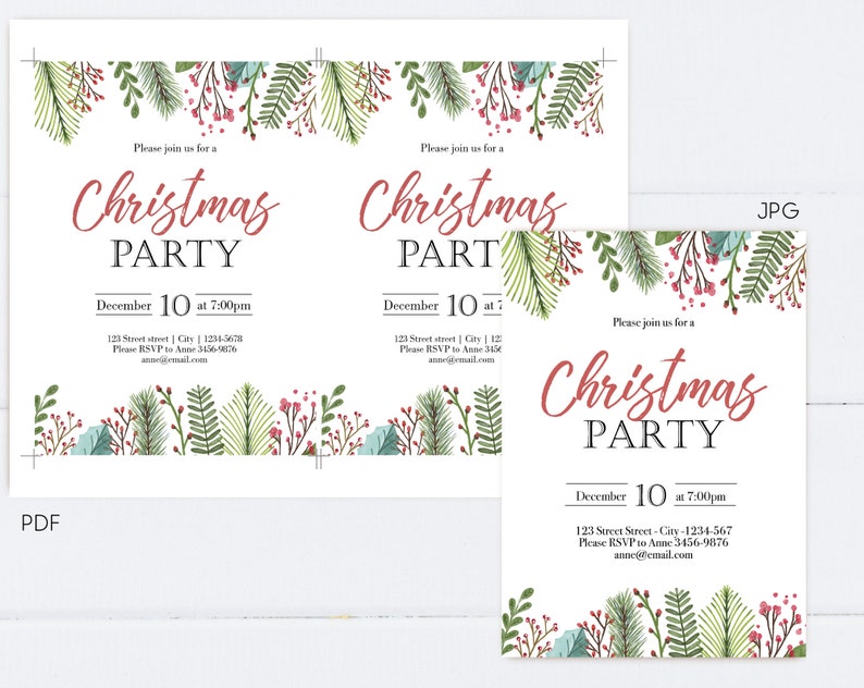 K&ouml;nnte beinhalten: Drei Weihnachtsfeier-Einladungen mit einem festlichen gr&uuml;nen und roten floralen Rand. Die Einladungen zeigen den Text "Christmas Party" in roten und schwarzen Buchstaben. Der Text enth&auml;lt das Datum, die Uhrzeit und die Kontaktinformationen f&uuml;r die Party.