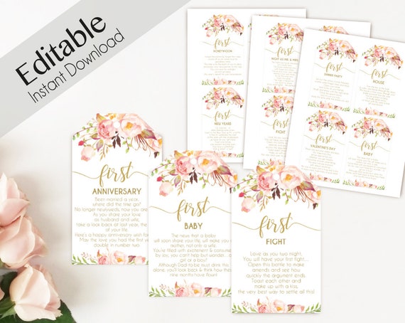 Editable Wine Tags with Poems for Wedding Marriage Milestone Wine Basket Tags template Bloom Blush Pink Flower Gold Editable wine poem tags