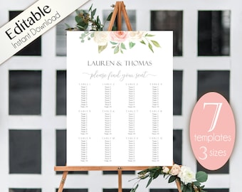 Wedding Seating Chart Template, 7 templates, Editable Wedding Table Seating Chart Poster Sign, PDF Instant Download, white blush pink floral