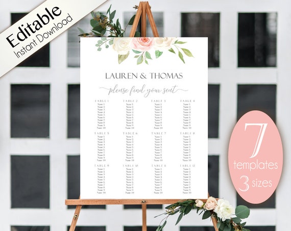 Wedding Seating Chart Template, 7 templates, Editable Wedding Table Seating Chart Poster Sign, PDF Instant Download, white blush pink floral