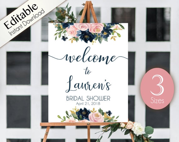 Welcome Sign Bridal Shower Template, Editable PDF, ANY EVENT, Bridal Baby Wedding Baptism Birthday Shower Sign, Dusty Rose Navy Blue Floral