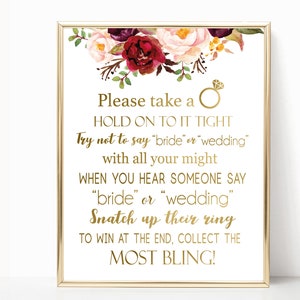 Don&#39;t Say Bride or Wedding, Bridal Shower Games Printable, don&#39;t say bride game, Marsala Burgundy Blush Floral Gold, INSTANT DOWNLOAD