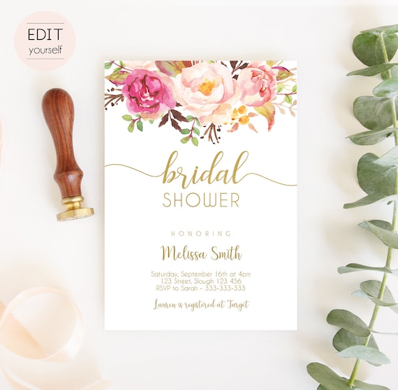 Bridal Shower Invitation Editable PDF, Bridal Shower Printable, Romantic Blush Pink Floral Bloom, DIY Bridal Invitation Pink Gold