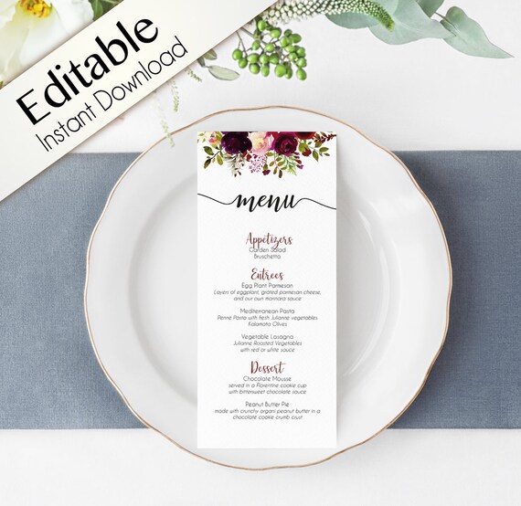 Editable Menu Bridal Shower, Party Menu, Printable Menu, Burgundy Boho Marsala Event Menu, Floral Menu Card Wedding Reception