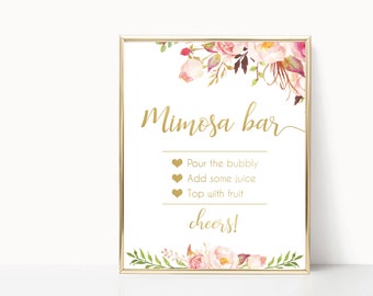 Mimosa Bar Sign, Romantic Blooms Rose Floral and Gold, Bubbly Bar sign, Wedding Bar Sign