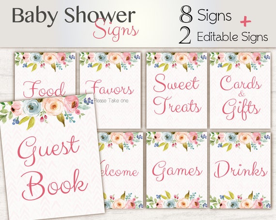 Baby Shower Sign Set, Baby Shower Editable Sign Package Set Bundle, Printable Baby Sign, Editable Sign, Floral Sign, Baby Shower Girl