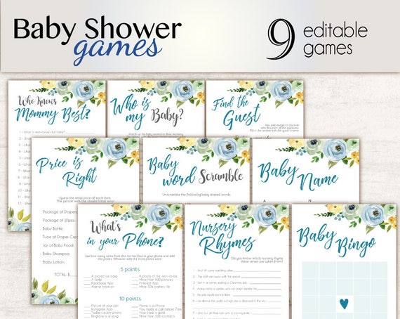 Baby Shower Games, editable games, Baby Shower Game Package Set Bundle , Printable Baby Games, Baby Shower Boy, Floral Game Set, Games Blue,