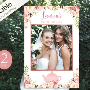 May include: A printable bridal shower photo booth prop with a pink floral design and the text "Lauren's Bridal Shower".