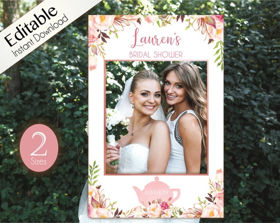 Bridal Tea Photo Booth Frame, Photo Prop Frame, Party Tea Photo Booth Prop, Editable PDF, Romantic Blooms Rose Floral Rose Gold Tea pot