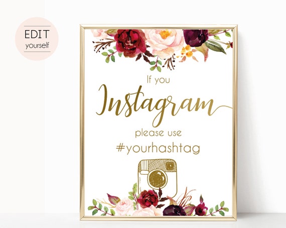 Instagram Bridal Sign, Instagram Wedding Sign, If You Instagram Sign, Marsala Burgundy Gold, Editable Wedding Hashtag Sign, Instagram Sign