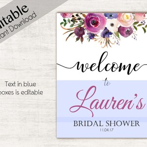 Welcome Sign Bridal Shower Template, Editable PDF, ANY EVENT, Bridal Baby Wedding Baptism Birthday Shower Sign, Lavender Purple Floral image 2