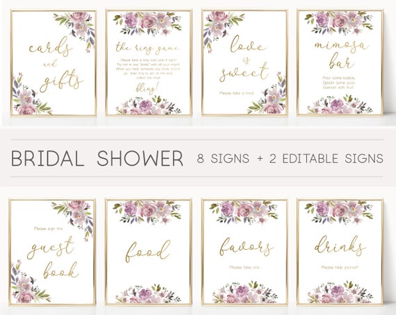 Bridal Shower Sign, Mauve Rose Bridal Shower Sign Package Bundle, Pale Pink Purple Violet Bridal Shower, Gold, Editable Sign, Corjl