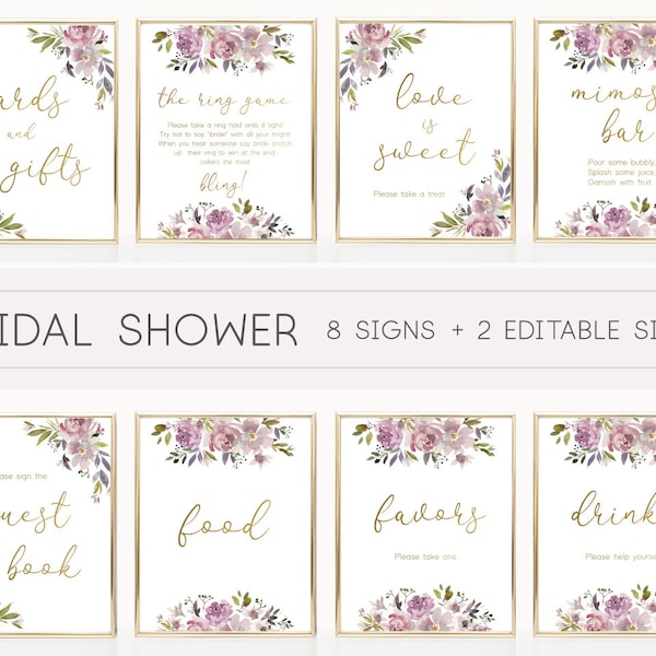 Bridal Shower Sign, Mauve Rose Bridal Shower Sign Package Bundle, Pale Pink Purple Violet Bridal Shower, Gold, Editable Sign, Corjl