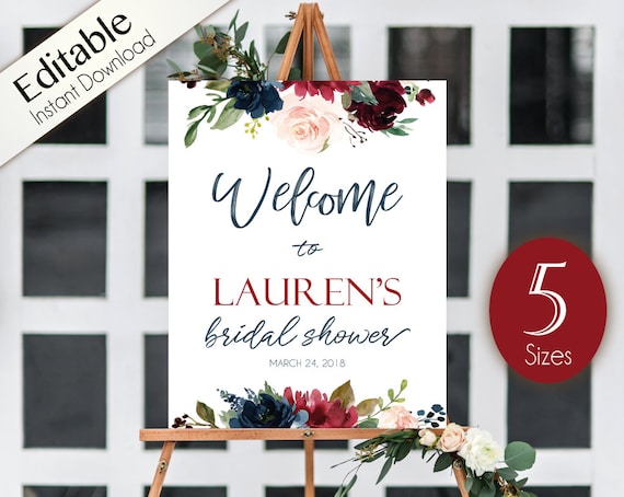 Welcome Sign Bridal Shower Template Bridal Shower, Editable PDF Welcome Bridal Shower Blue Navy Marsala Burgundy Blush Floral Editable sign