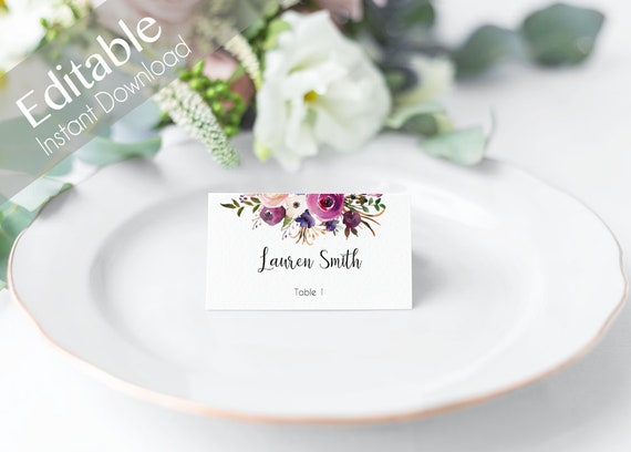 Editable Place Card, Place Card Template, Seating Cards, Table Numbers, purple lavender flowers Editable PDF Instant Download