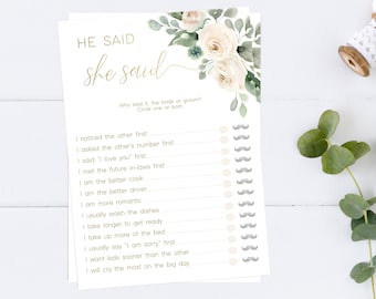He Said She Said Bridal Shower Game, Greenery Bridal, White Floral Gold, Editable Game, DIY Bridal Game, Guess Who Said it, Corjl