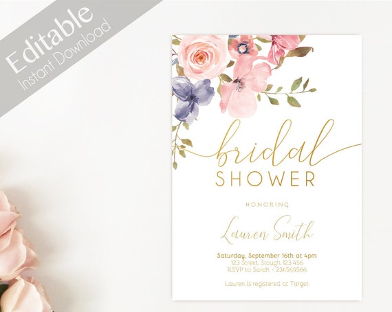 Bridal Shower Invitation Editable PDF, Bridal Shower Printable, Romantic Blush Pink Floral Gold Bridal, DIY Bridal Invitation Template Clean