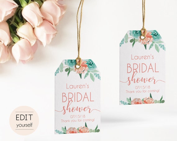 Favor Tag Bridal Shower Template Editable PDF Wedding shower tag Bridal Tea Tag Instant Download, Coral Peach Mint Turquoise Floral Bridal