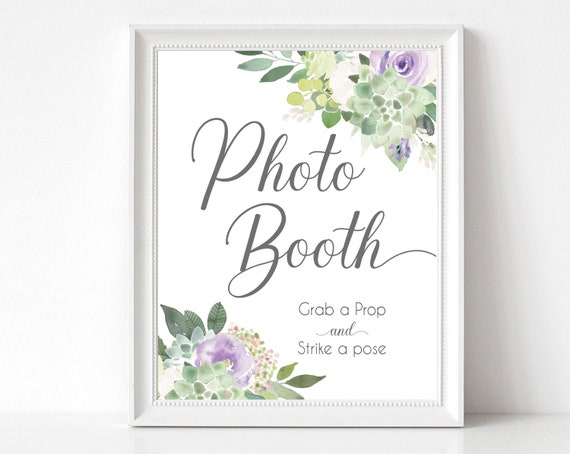 Photo Booth Sign, Wedding Photo Booth, Photo Booth Sign Printable, Photo Booth Grab a Prop and Strike a Pose Sign, Succulent Greenery Lilac