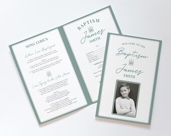 Editable Baptism Program, Baptism LDS Printable Digital, Songs Handout Boy Baptism photo, Green Program, Program Photo, Corjl